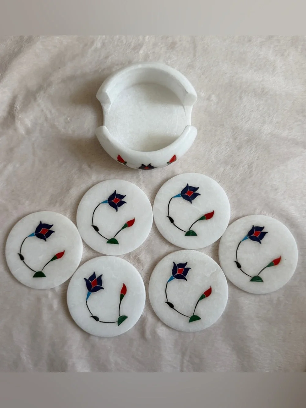 Set of 6 Vintage Marble Coasters with Holder Stone Inlay Flower Boho Pietra Dura